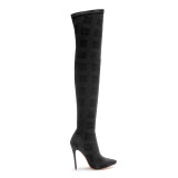 stilettos boots over the knee black chessboard boots high heels 12cm Stretch boots fashion shoes woman big size 40-43
