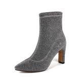 2018 autumn slip on sequins glitter pointed toe ankle boots silver black Stretch boots