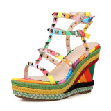Women's Shoes genuine leather Spring / Summer Club Shoes Sandals wedge Heels rainbow rivets shoes ladies