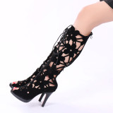 Women's Black Gladiator Heels stilettos boots knee high boots high heels 10cm cross tied fretwork fashion woman party club shoes