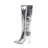 2018 winter silver stilettos mid calf big size plush snow boots shoes woman size 32 33 ladies club shoes