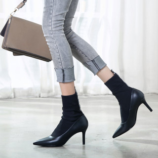 2018 spring autumn slip on genuine leather white ankle boots stilettos sock boots Stretch boots pointed toe