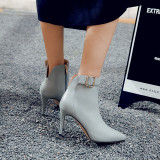 spring autumn genuine leather natural cow leather white high heels 9cm buckle ankle boots stilettos grey sexy pointed toe size 33