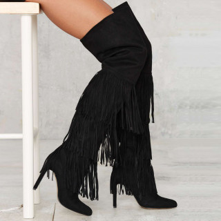 over the knee black suede high heels 11cm  stilettos tassels woman boots sexy Fringes shoes ladies big size