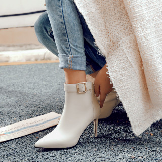 spring autumn genuine leather natural cow leather white high heels 9cm buckle ankle boots stilettos grey sexy pointed toe size 33