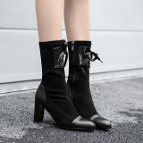 winter mid-calf boots chunky heels grey boots shoes for woman cross tied round toe high heels shoes size 33