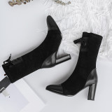winter mid-calf boots chunky heels grey boots shoes for woman cross tied round toe high heels shoes size 33