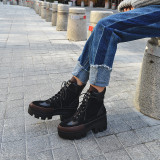 Arden Furtado  spring autumn  platform round toe ankle boots chunky heels cross ties matin boots