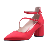 fashion pointed toe buckle strap satin cloth red wedding shoes chunky heels woman shoes pumps