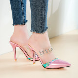 2018 summer high heels 10cm big size small size stilettos pointed toe mules slippers pink slides