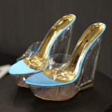 Arden Furtado  summer high heels 14cm platform crystal heels peep toe wedges slippers woman slides