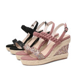 wedges high heels 9cm straw braid sandals casual shoes woman glitter bling bling sandals