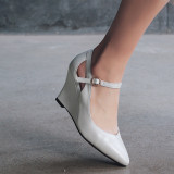 wedges pumps high heels pointed toe white black genuine leather buckle high heels