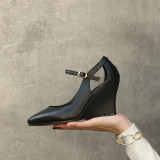 wedges pumps high heels pointed toe white black genuine leather buckle high heels