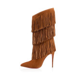 women's shoes tassels pointed toe stilettos high heels 12cm Fringes brown suede mid-calf boots big size