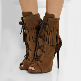 summer boots autumn Grey Lace up Boots peep Toe Fringes Ankle Booties with tassels
