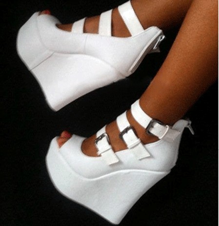summer wedges high heels 14cm white patform peep toe buckle strap sandals woman's shoes