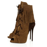 summer boots autumn Grey Lace up Boots peep Toe Fringes Ankle Booties with tassels