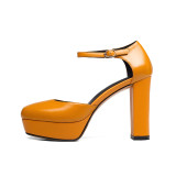 platform high heels chunky heels round toe buckle strap genuine leather ankle strap white yellow closed toe sandals
