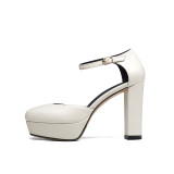 platform high heels chunky heels round toe buckle strap genuine leather ankle strap white yellow closed toe sandals