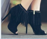 summer high heels 11cm stilettos peep toe boots black red suede tassels Fringes sandals boots fashion women's shoes