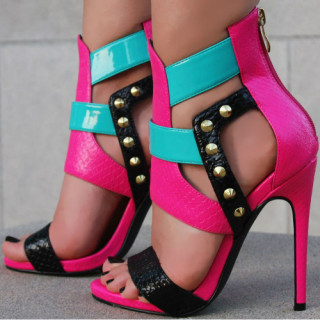 summer high heels 12cm stilettos peep toe zipper open toe Color matching  cage sandals shoes for woman big size women's shoes