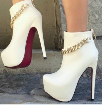 white boots platform stilettos high heels round toe chains women's shoes for ladies ankle boots