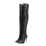 over the knee boots Stretch cloth spring autunm silver thigh high boots stilettos heels big size