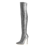 over the knee boots Stretch cloth spring autunm silver thigh high boots stilettos heels big size