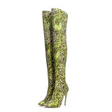 over the knee Leopard female booties Stretch boots green fashion sexy high heels stilettos thigh boots woman ladies women's shoes