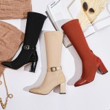 2018 chunky heels socks boots mid calf boots big size brown beige Stretch boots