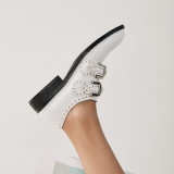 white brogue shoes genuine leather fashion women's shoes buckle flats big size