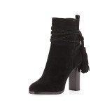 Fringe women's shoes chunky heels 10cm black suede boots fashion shoes big size ladies