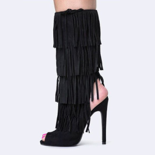 Fringe Summer Boots Cut out Slingback Shoes peep toe black suede sandals shoes for woman ladies under the knee high boots