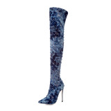 zipper over the knee boots stilettos blue jeans denim high heels 12cm fashion thigh high boots big size female shoes ladies