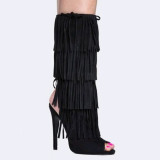 Fringe Summer Boots Cut out Slingback Shoes peep toe black suede sandals shoes for woman ladies under the knee high boots