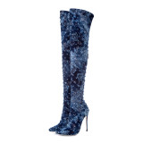 zipper over the knee boots stilettos blue jeans denim high heels 12cm fashion thigh high boots big size female shoes ladies