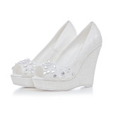 autumn summer lace crystal rhinestone white wedding shoes pumps flowers platform high heels 11cm big size