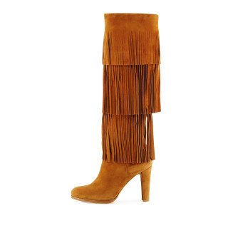 Fringe women's shoes chunky heels yellow knee high boots fashion shoes