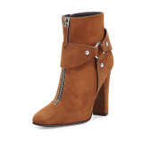 chunky heels high heels square toe brown black suede ankle boots big size women's shoes