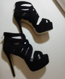 black suede platform sexy extreme high heels 15cm stiletttos evening cage sandals women's shoes female