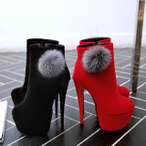 stilettos high Heels 16cm red black suede fur ball ankle boots round toe platform women's shoes small size 30 31