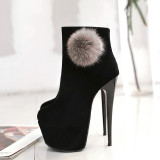 stilettos high Heels 16cm red black suede fur ball ankle boots round toe platform women's shoes small size 30 31