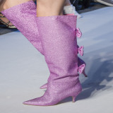 Arden Furtado 2018 spring autumn stilettos lower heels 4cm fashion pink blue silver purple butterfly knot glitter knee high boot