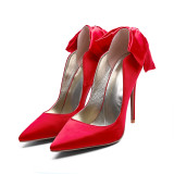 spring autumn red heels stilettos party shoes ladies pointed toe butterfly knot satin cloth pumps big size wedding shoes