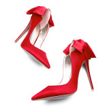 spring autumn red heels stilettos party shoes ladies pointed toe butterfly knot satin cloth pumps big size wedding shoes