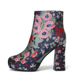 Arden Furtado 2018 spring autumn round toe woman shoes ladies chunky heels  printing flowers Nations wind platform ankle boots