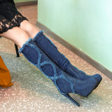 Arden Furtado 2018 spring autumn platform high heels knee high boots round toe sexy stilettos party shoes ladies blue jeans denim