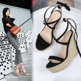2018 summer high heels 12cm platform peep toe ankle strappy cork wedges sandals casual shoes woman