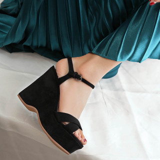 Arden Furtado 2018 summer wedges sandals casual shoes woman platform peep toe black suede women's shoes